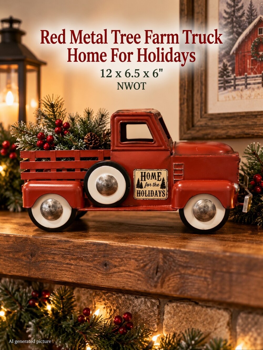 Red Metal Tree Farm Truck Home For Holidays 12x6.5x6" NWOT